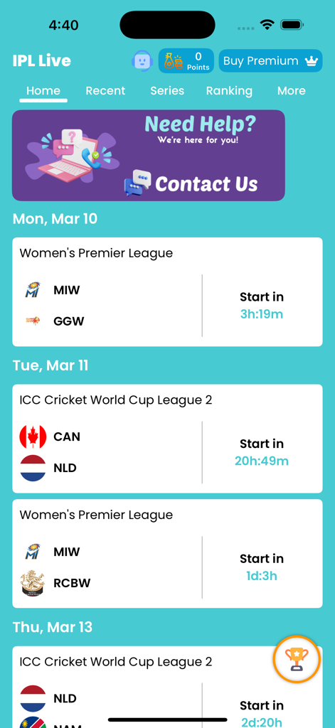 La pantalla de inicio de la aplicación IPL 2026 Live Cricket que muestra los próximos partidos y las cuentas regresivas.