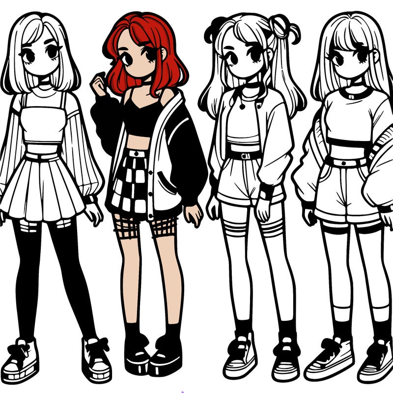 one girl with crop-top shirt and a jacket with a skirt, long socks and another girl with a shirt and pants with a jacket