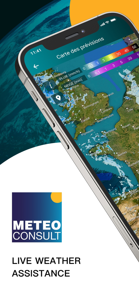 METEO CONSULT - Smartphone che mostra la mappa interattiva delle previsioni dell'app METEO CONSULT con radar di pioggia e neve sull'Europa