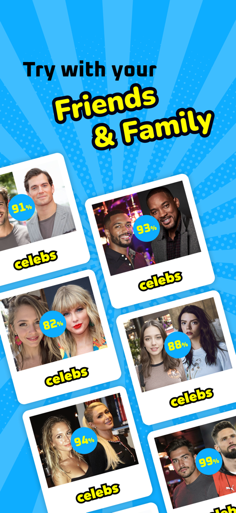 Comparison cards showing celebrity lookalike matches for friends and family with percentage accuracy