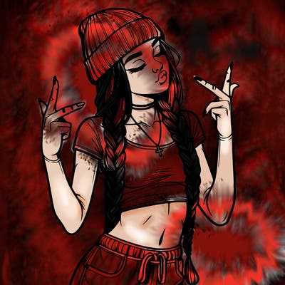 realistic teenage girl with braids and a beanie and crop top doing 🫶🏼