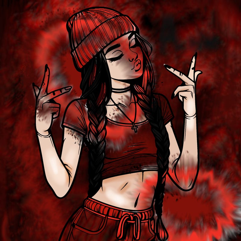 realistic teenage girl with braids and a beanie and crop top doing 🫶🏼