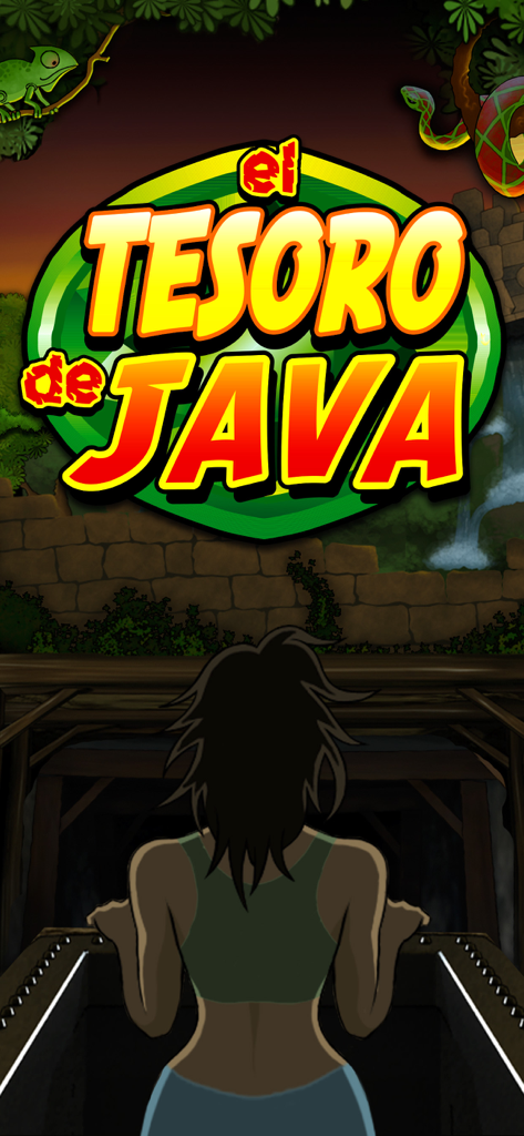 El Tesoro de Java-Tragaperras - Écran titre d'El Tesoro de Java avec un aventurier et des ruines dans la jungle