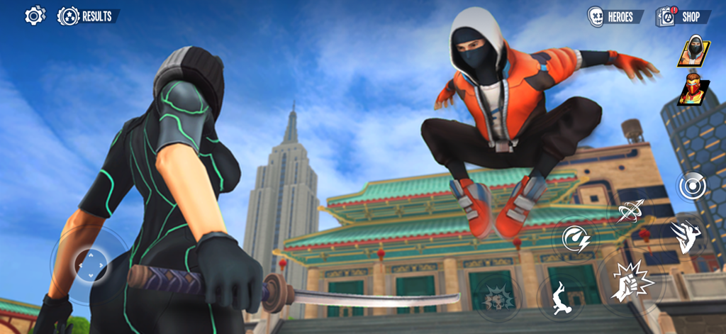 Super Fighter 3: Open City - Un supereroe in un costume arancione salta verso un personaggio con una katana in un ambiente cittadino