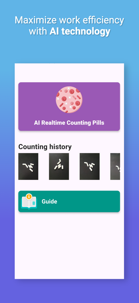 Pill Counter New - Pill Counter app interface showing the AI real-time counting button and a section for pill counting history with photo thumbnails.