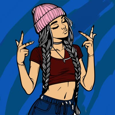 realistic teenage girl with braids and a beanie and crop top doing 🫶🏼