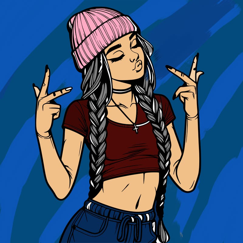 realistic teenage girl with braids and a beanie and crop top doing 🫶🏼