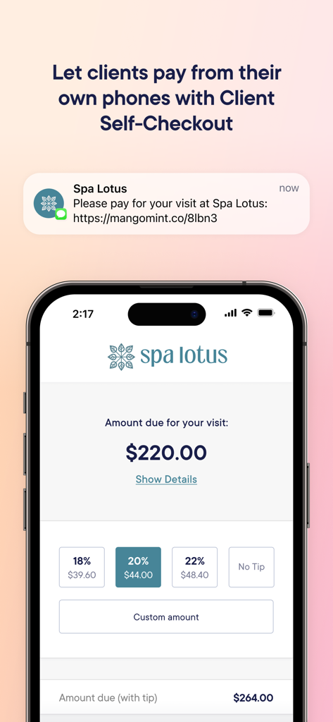 Mangomint mobile app screen showing a client self-checkout interface with total amount and tip selection options for a spa