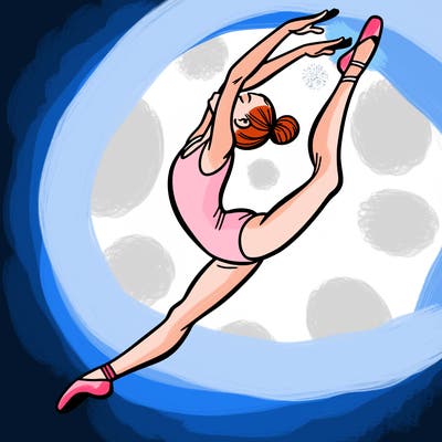 gymnast doing a leap in a leotard with a bent back leg