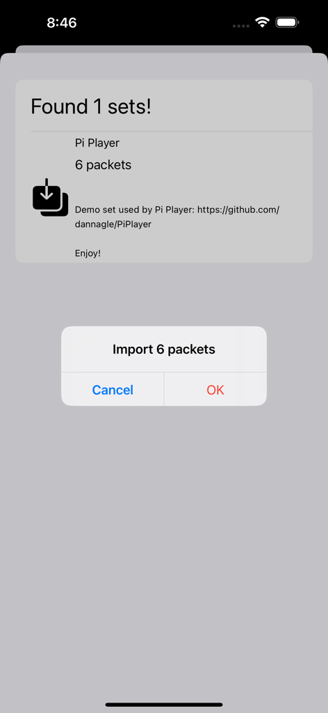 Packet Sender - UDP/ TCP/ SSL - Captura de tela do aplicativo Packet Sender mostrando uma caixa de diálogo para importar um conjunto de 6 pacotes de rede para Pi Player