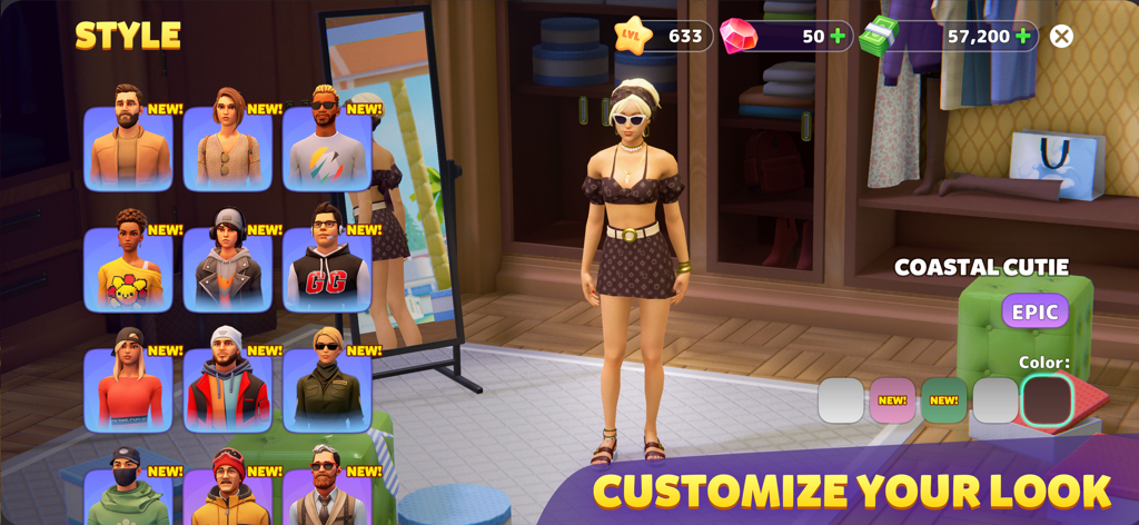 Sunday City character customization screen with various fashion outfits and style options
