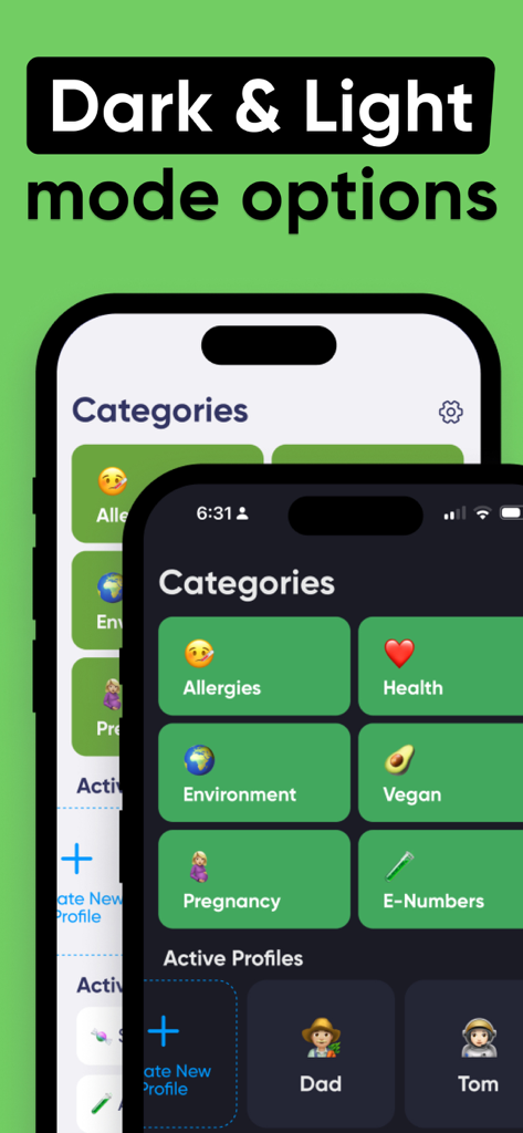 Allergy & Food Scanner, Nosher - Screenshot of Nosher app displaying dark and light mode options for food allergy categories and family profiles