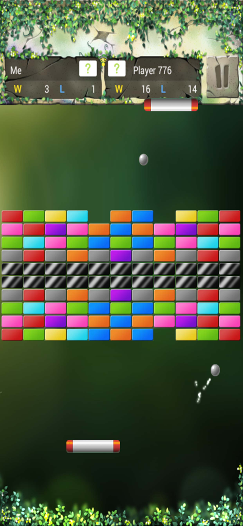 Gameplay screenshot of Bricks Breaker King showing a versus match with colorful bricks and bouncing balls