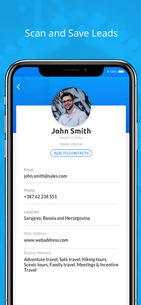 SnapCard - OTM BLTM Event App - Screenshot of the SnapCard app showing a scanned contact profile with options to save leads and add to contacts.