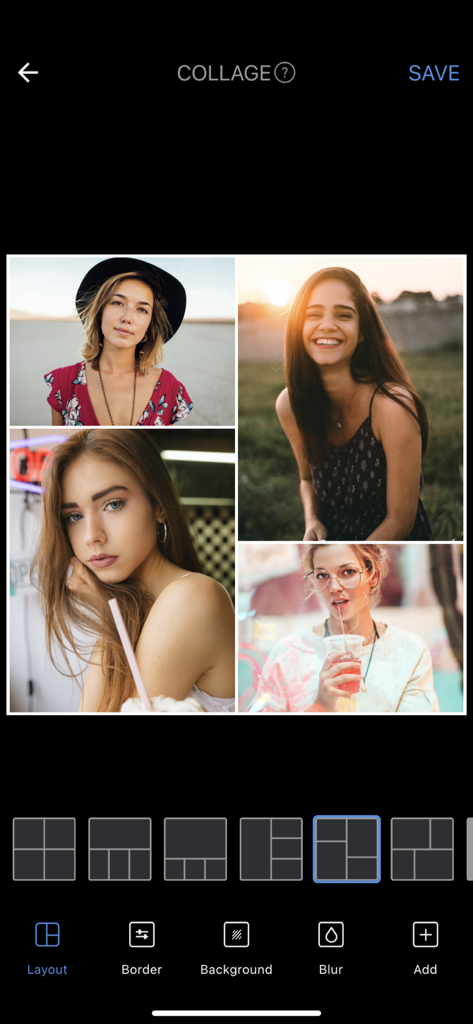 Photo Collage - Photo Editor - Interfaz de smartphone de una aplicación de collage de fotos que muestra una cuadrícula de 4 fotos y varias opciones de diseño