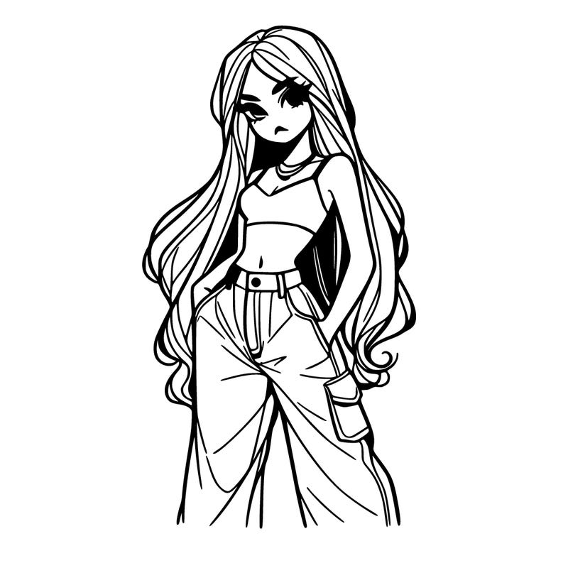 hot girl with long hair with baggy jeans and a crop top