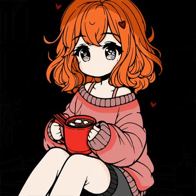 cute anime girl reading book and drinking hot chocolate from mug with loose wavy hair wearing a baggy sweatshirt and shorts sitting by windowsill looking out