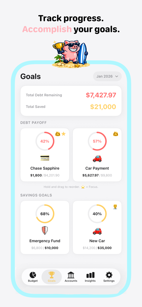 Flow: Simple Budget Tracker - Financial goals dashboard showing debt payoff and savings progress with visual rings