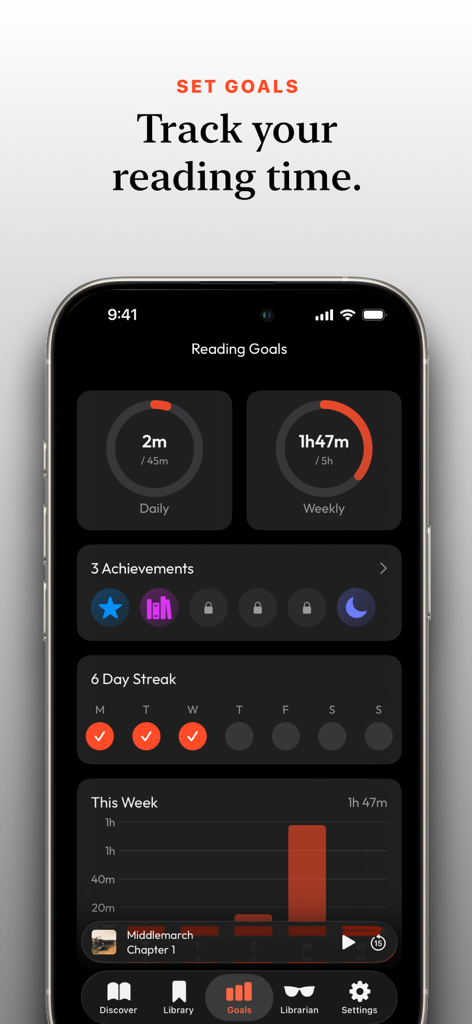 Reading goals dashboard in Opus Classics app featuring daily progress circles, achievements, and a weekly activity chart