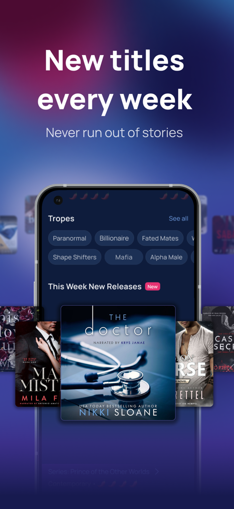Tempt: Romance Audiobooks - Tela de smartphone mostrando vários clichês de romance como bilionário e máfia, juntamente com novos lançamentos semanais no aplicativo Tempt