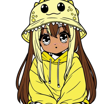 girl with anime shaped eyes with a dinosaur bucket hat oversized sweatshirt long straight hair