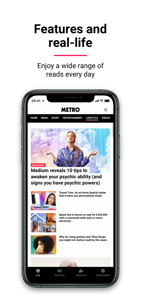 Metro: World and UK news app - メトロニュースアプリのライフスタイルセクションのスクリーンショット。実話やエンターテイメントに関する記事が掲載されています