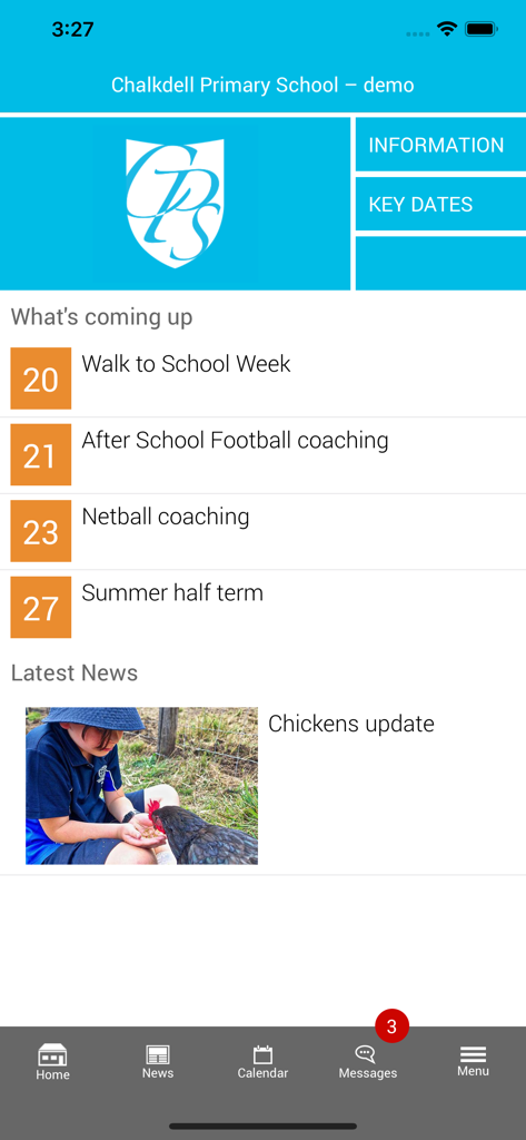 mySchoolApp - The home screen of mySchoolApp showing upcoming school events like Walk to School Week and a latest news update with a photo.