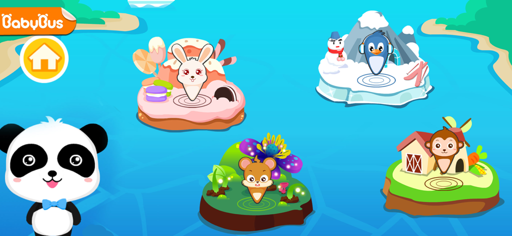 Baby Panda Car Racing - Level selection screen showing themed islands including Dessert Land and Frozen Land with a baby panda character.