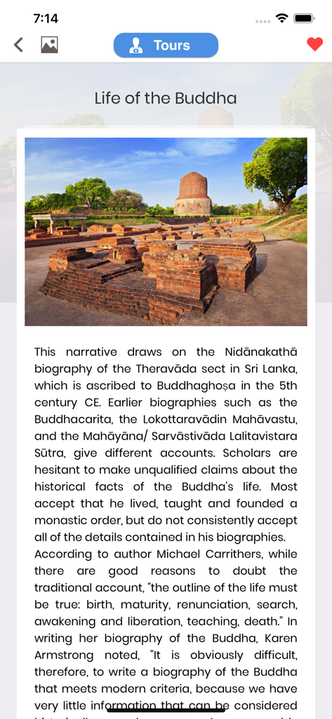 Buddhism Complete Guide - Pantalla educativa de la aplicación Guía Completa del Budismo que muestra la sección Vida de Buda con ruinas históricas y texto.