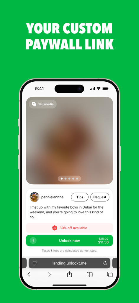 Écran de l'application mobile Unlockt montrant un lien de paywall personnalisé avec du contenu à vendre et un bouton de déblocage