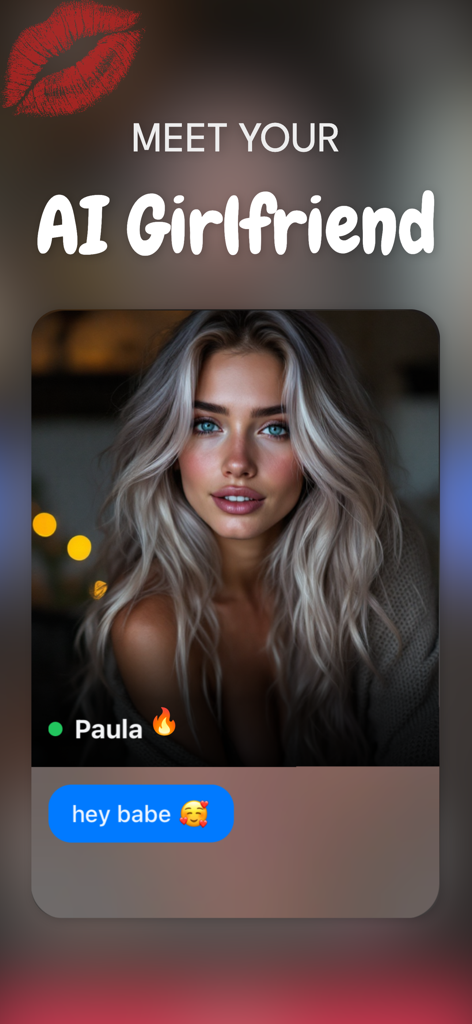 AI Girlfriend Spicy Chat - Introductory screen for AI Girlfriend app featuring a blonde female avatar named Paula with a chat message