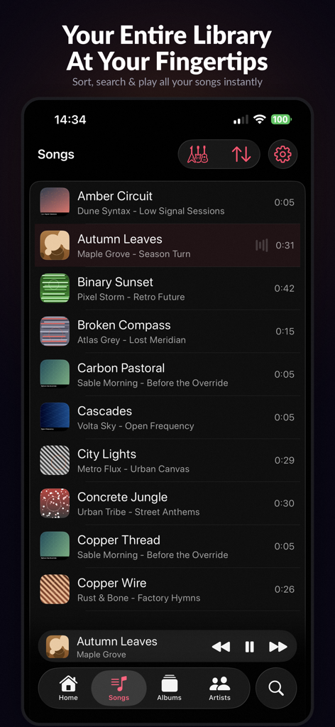 RetroMusic: MP3 & FLAC Player - RetroMusic app interface showing a list of songs in the local library on an iPhone.
