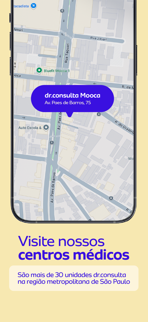 Vista de mapa das localizações das clínicas dr.consulta em São Paulo, Brasil