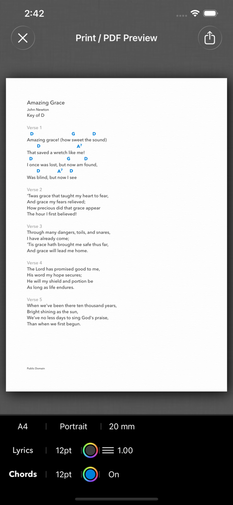 SongSheet Pro School Edition - Vista previa de impresión y PDF de una hoja de canciones con opciones de formato para letras y acordes.