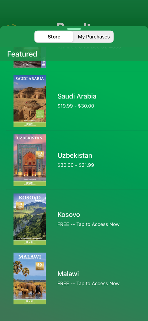 Interface de la boutique de l'application Bradt Guides montrant les guides de voyage numériques en vedette pour des destinations comme l'Arabie Saoudite et l'Ouzbékistan.