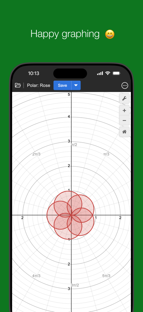 Desmos app showing a polar rose curve on a graphing screen