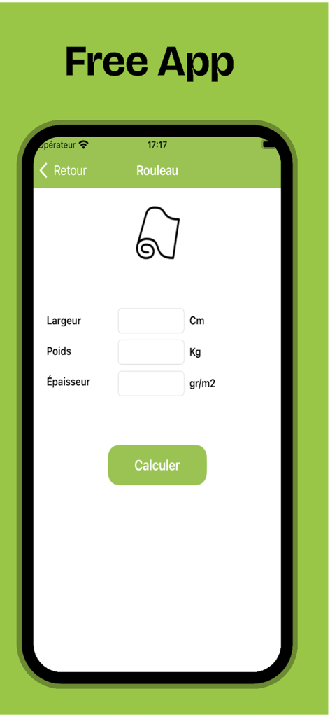 P-Calc - Interface of the P-Calc app showing the paper roll calculation screen with inputs for width weight and thickness