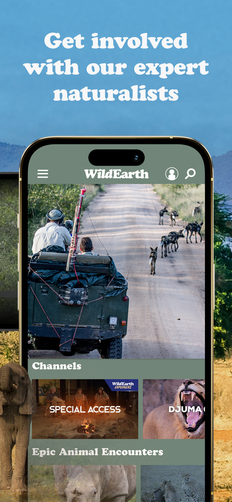 WildEarth TV app interface showing a live safari drive with wild dogs and nature channels