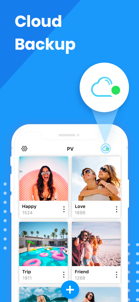 PV Secret Photo Album app interface featuring the cloud backup function and organized private photo folders