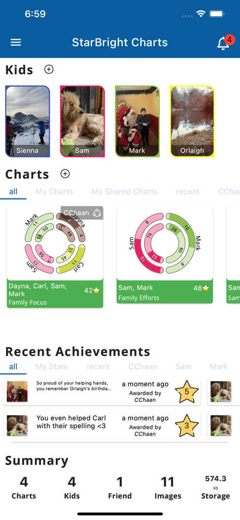 Starbright Charts - Panel principal de la aplicación Starbright Charts mostrando perfiles de niños, gráficas circulares de recompensas de comportamiento y un resumen de logros recientes.