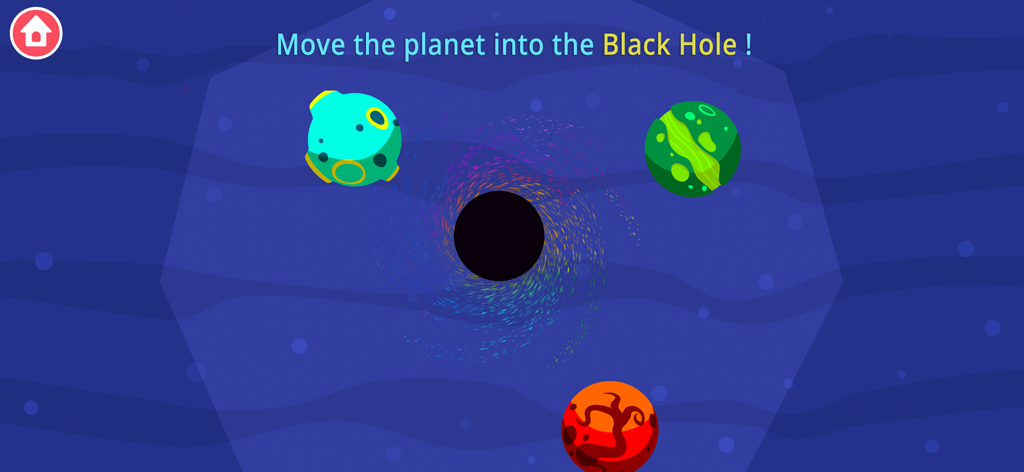 Gioco scientifico interattivo per bambini che mostra pianeti colorati e un buco nero nello spazio.