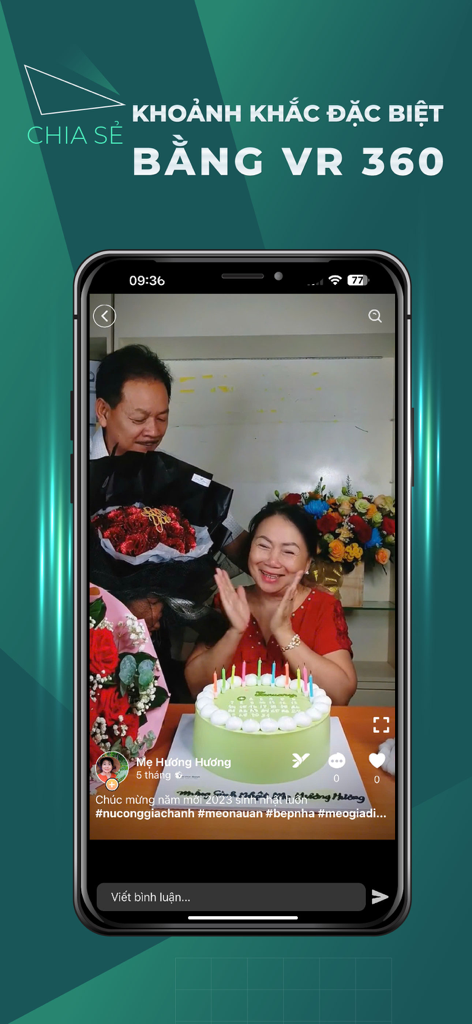YooLife app screen showing a birthday celebration shared via 360 degree virtual reality