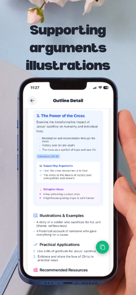 Sermon Assist - Pantalla de teléfono inteligente que muestra un esquema de sermón detallado con argumentos de apoyo e ideas metafóricas.