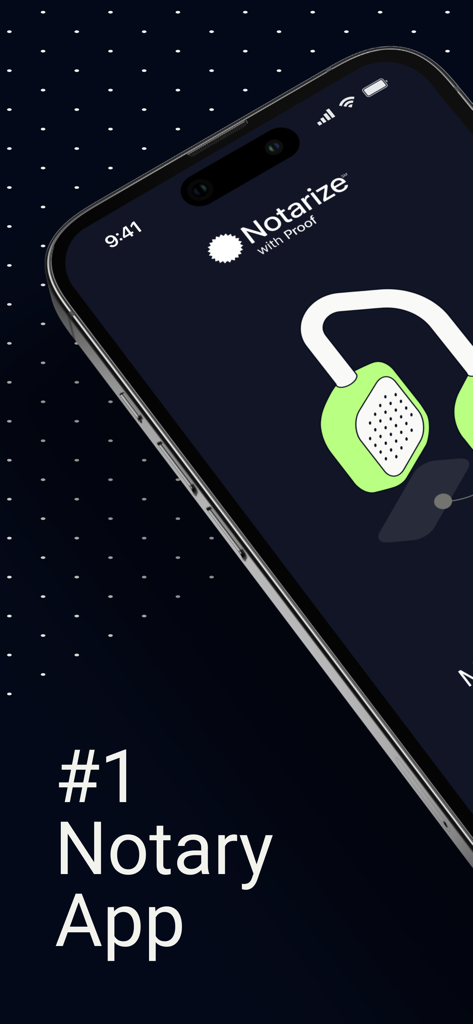 Notarize - Smartphone screen displaying the Notarize app logo with a graphic of a headset and text stating it is the number one notary app.
