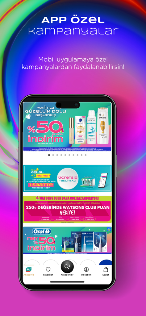 Watsons Mobile App-Oberfläche, die verschiedene Rabattbanner für Schönheit und Körperpflege zeigt