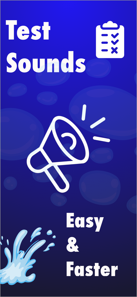 Water Remover - Clean Speaker - Water Remover app interface for testing speaker sounds with megaphone and water splash icons