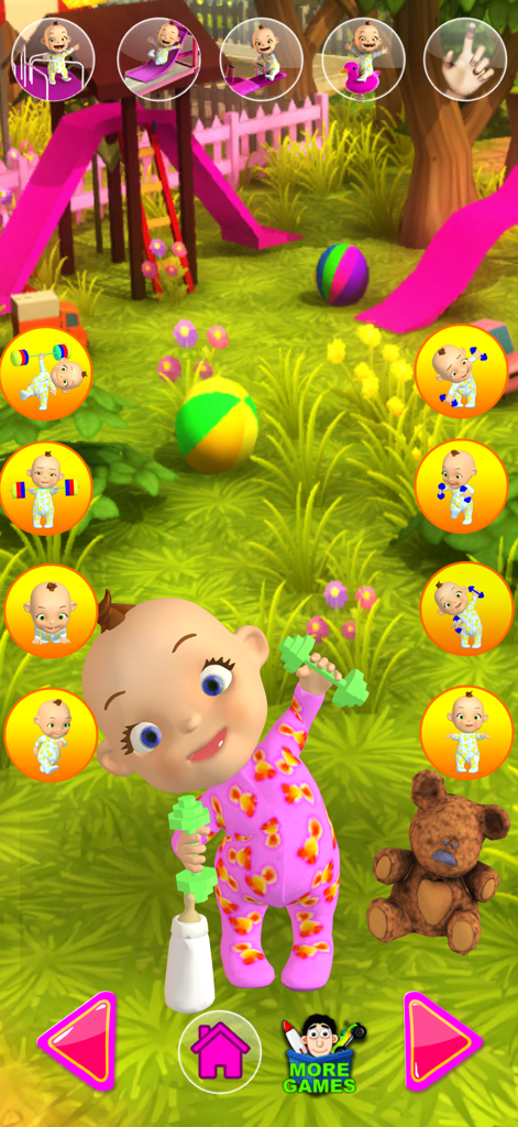 Animated baby character Babsy lifting weights in a colorful 3D playground