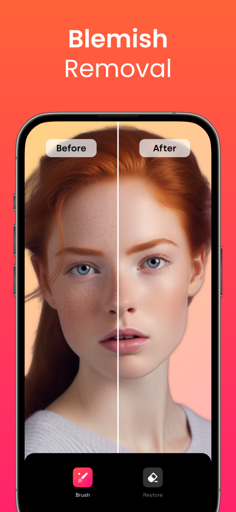 Retouch AI - Remove Objects - Retouch AI 앱의 잡티 제거 기능 비교 전후 초상화