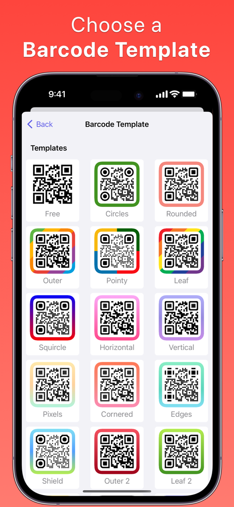 QR Barcode Generator Scanner - A mobile interface displaying various customizable QR code templates with different colors and borders.