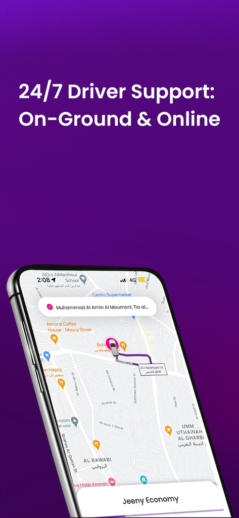 Jeeny - Drive and earn money - Jeeny driver app interface showing 24-7 support and map navigation